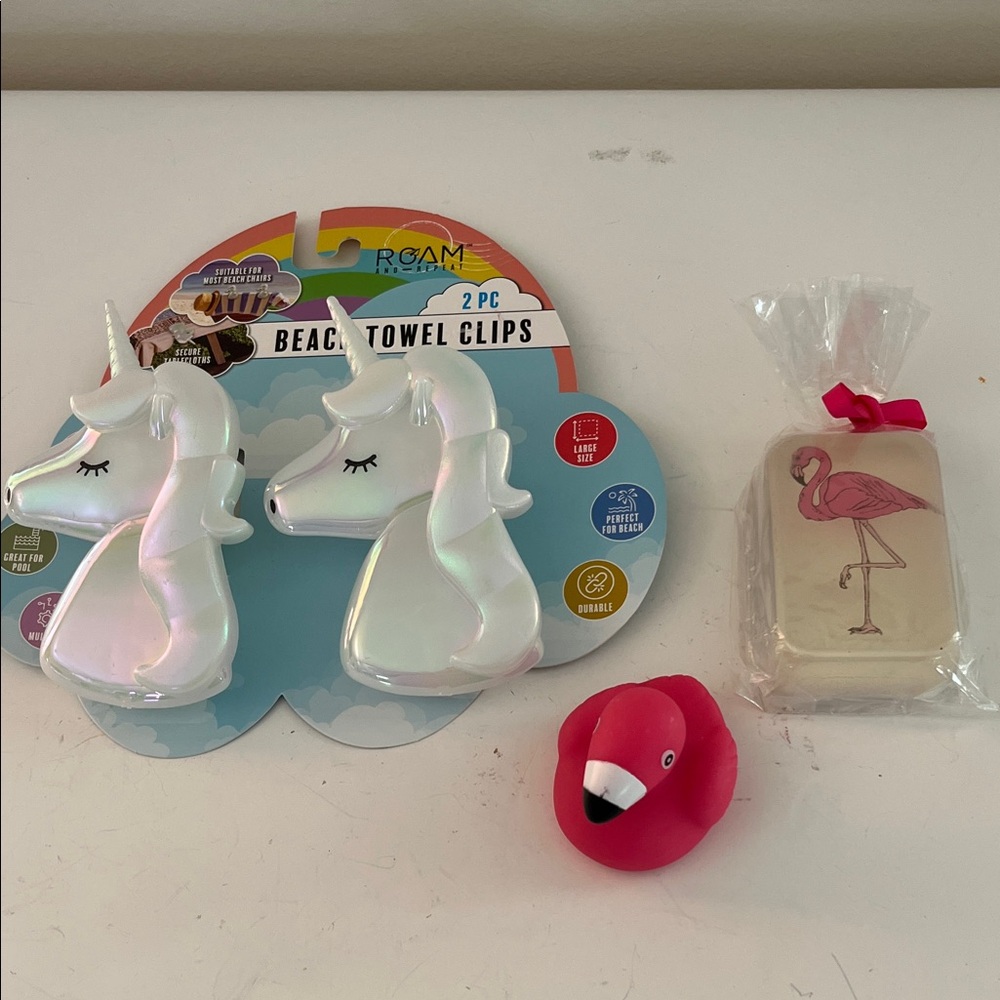 ROAM Unicorn Towel Clips -Flamingo glycerin bar soap and cute pink flamingo